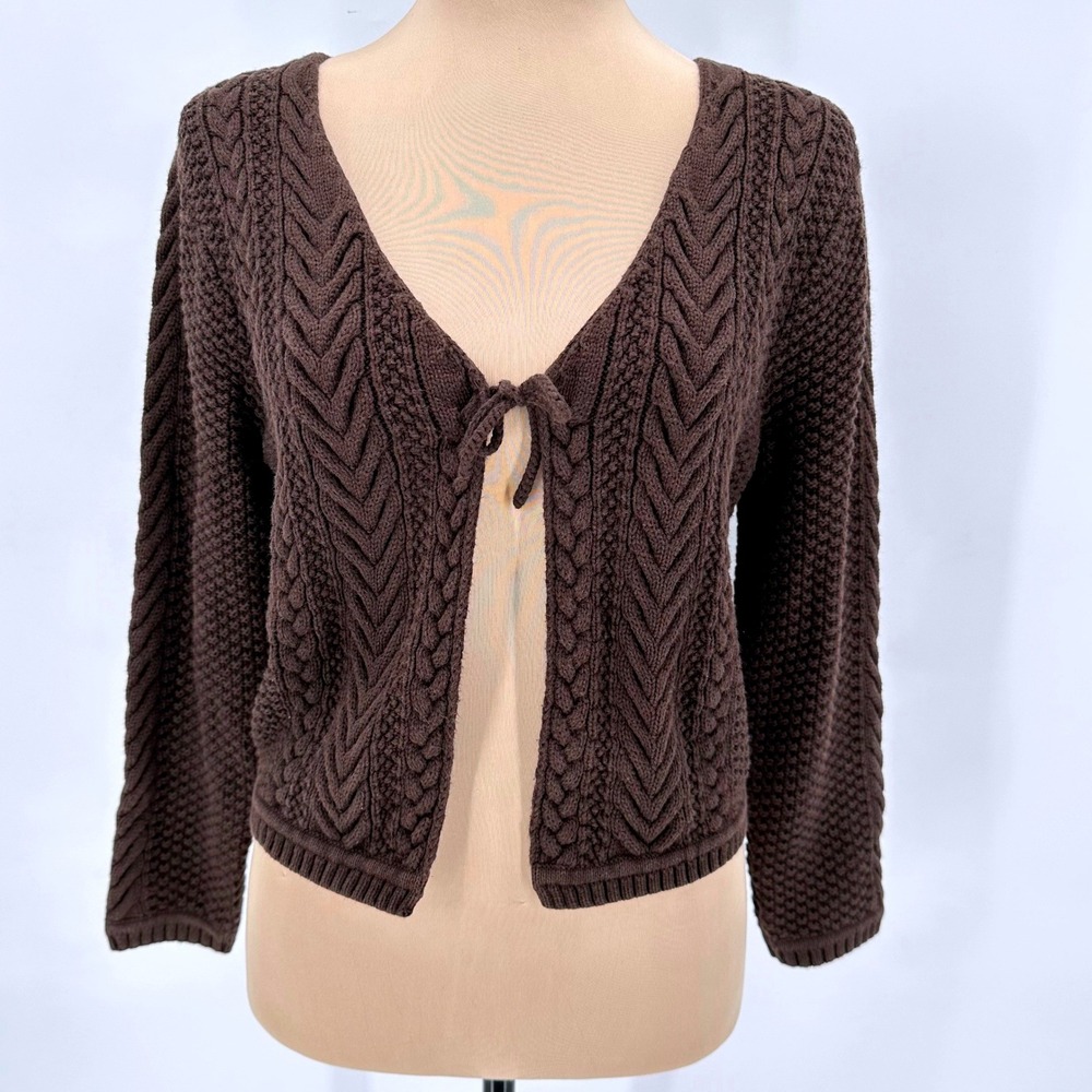 Valerie Stevens Brown Cotton Cable Knit Tie Front Cropped Cardigan Sweater M